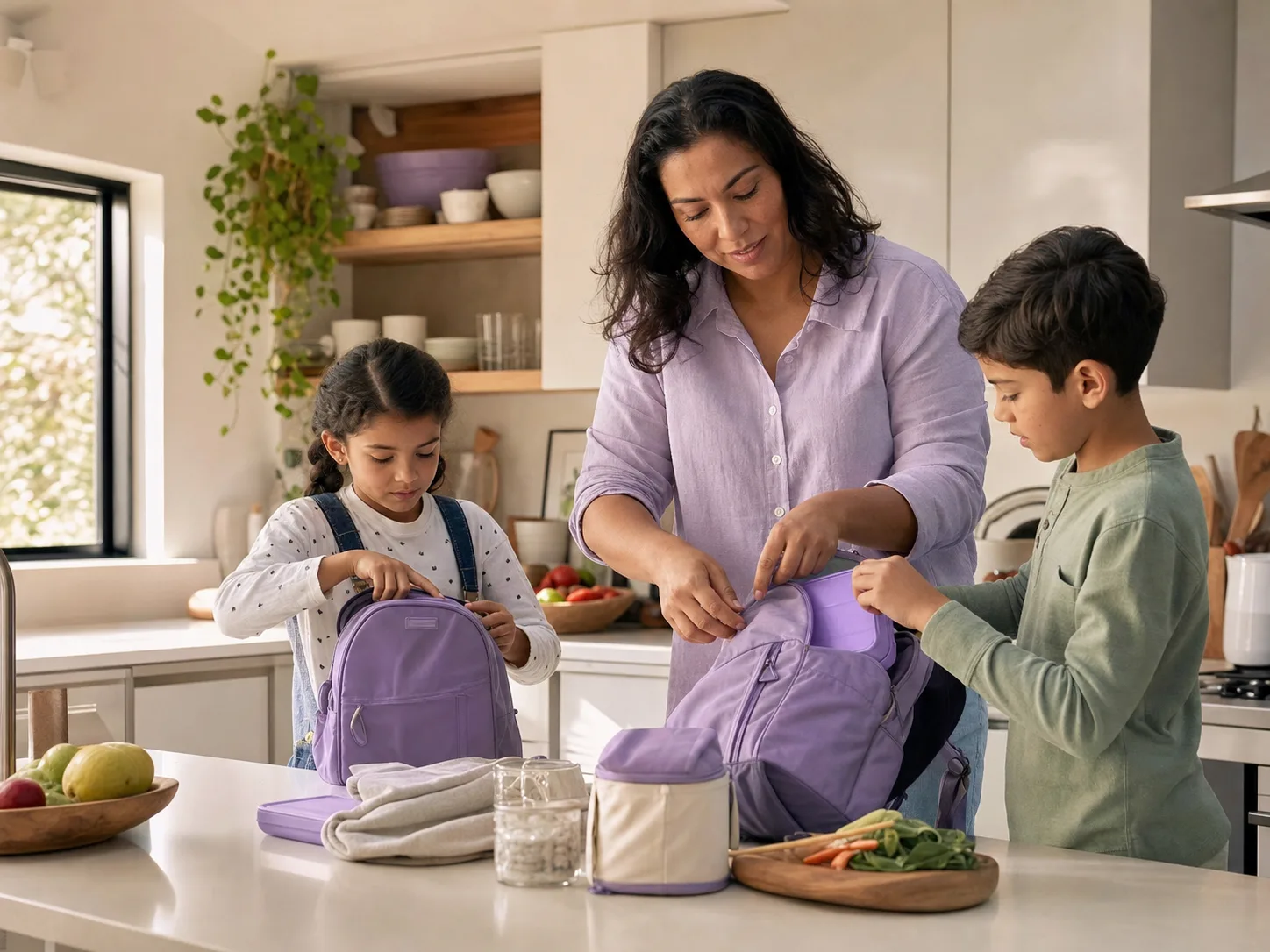 A parent and two children packing school bags together in a bright kitchen